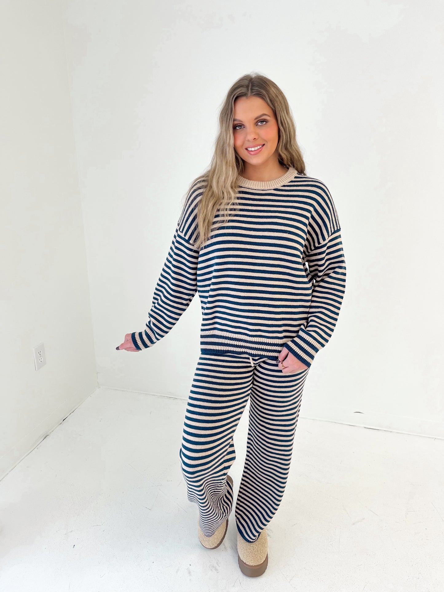 Cozy Stripe Knit Sweater | Navy/Taupe