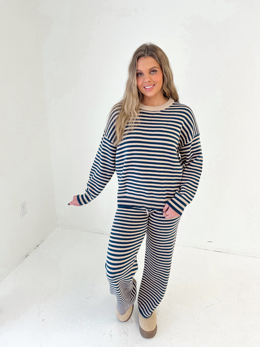 Cozy Stripe Knit Sweater | Navy/Taupe