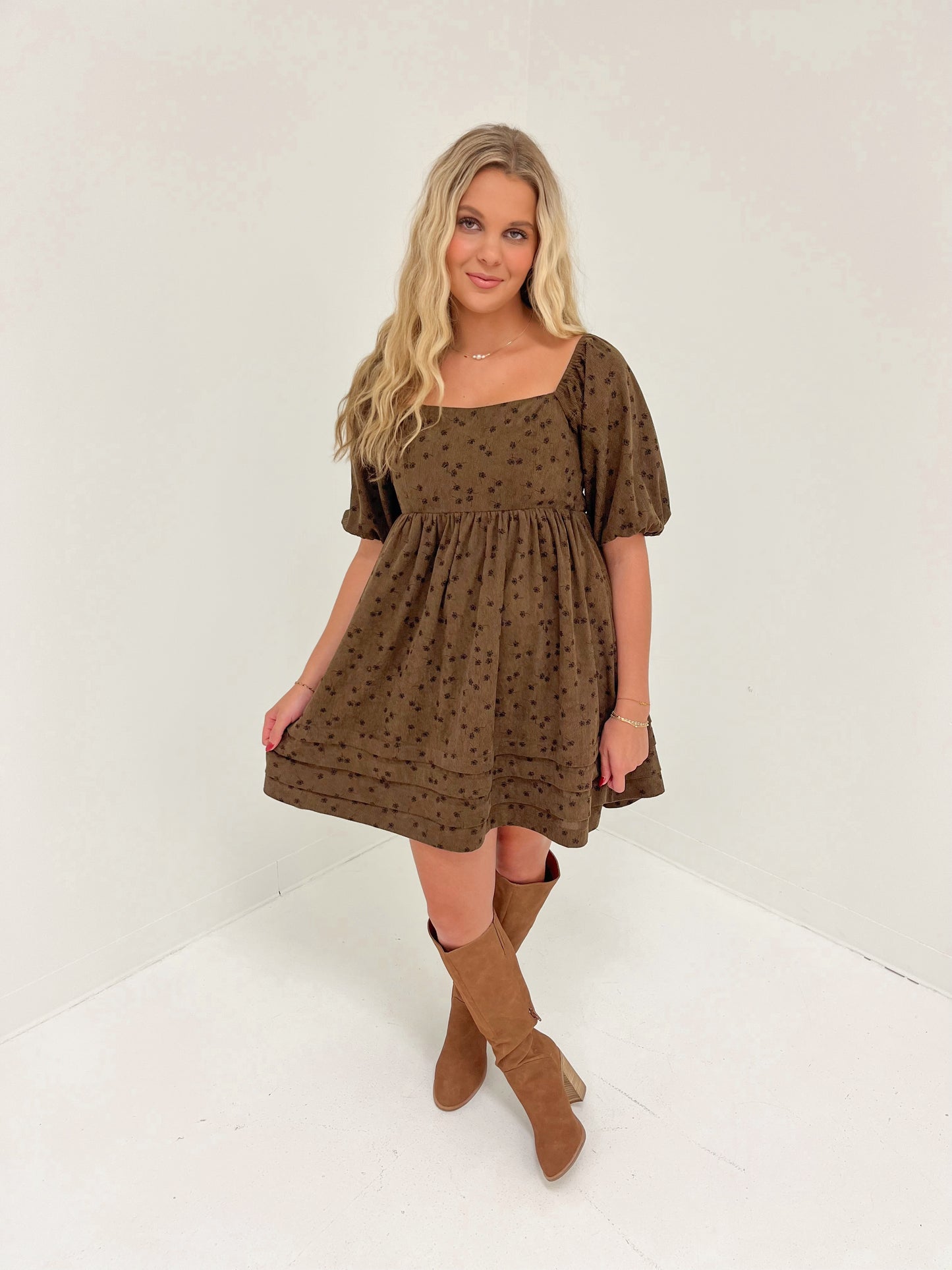 Falling Petals Corduroy Mini Dress | Mocha