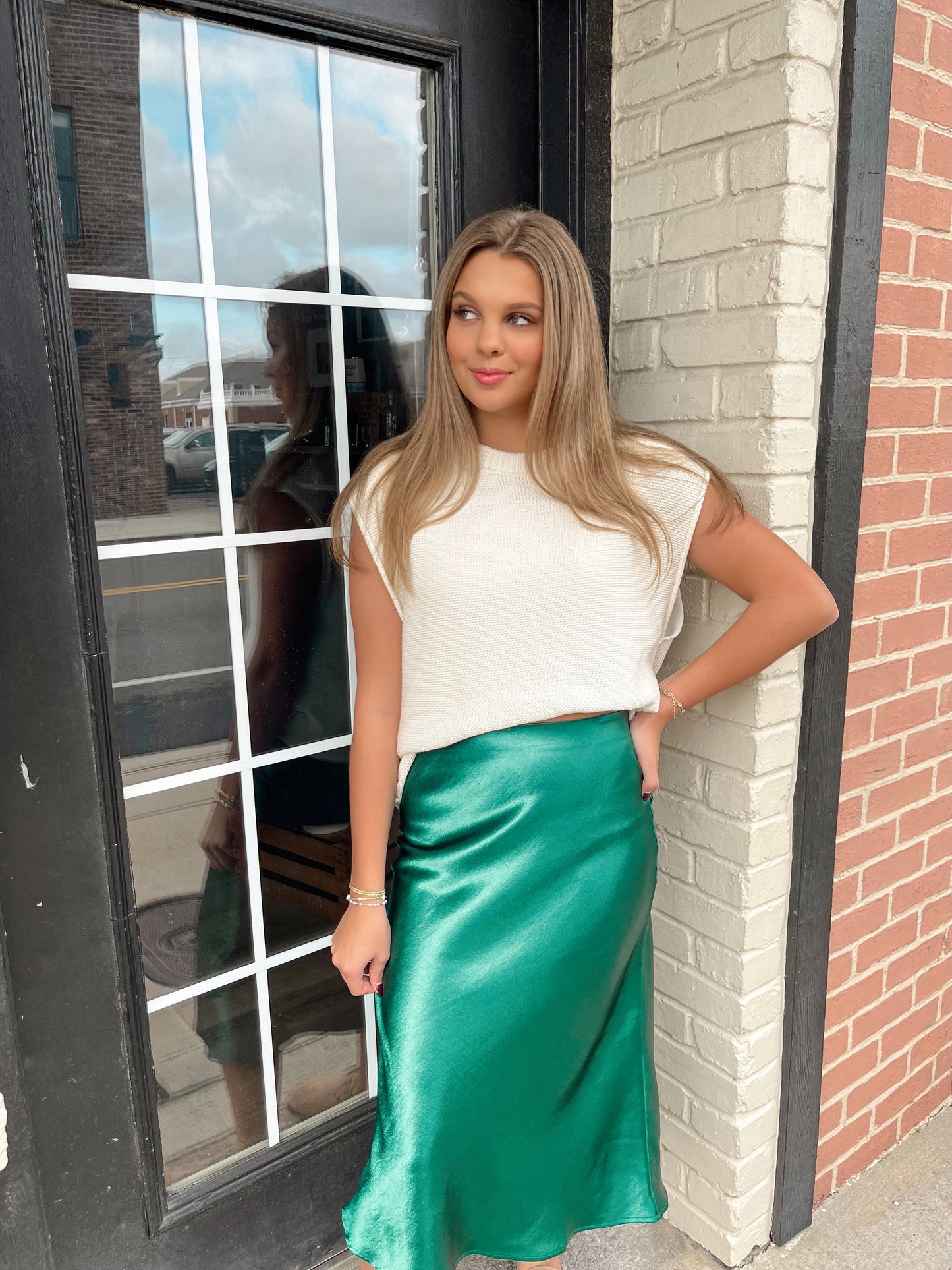 Holiday Soiree Satin Midi Skirt | Dark Green