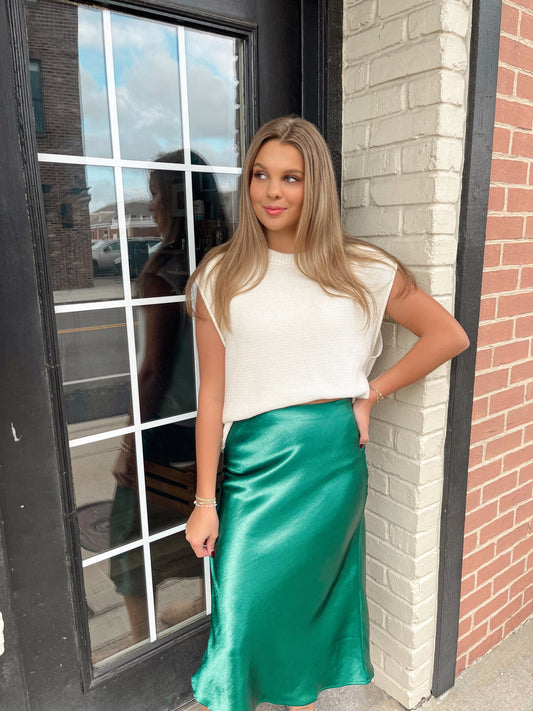 Holiday Soiree Satin Midi Skirt | Dark Green