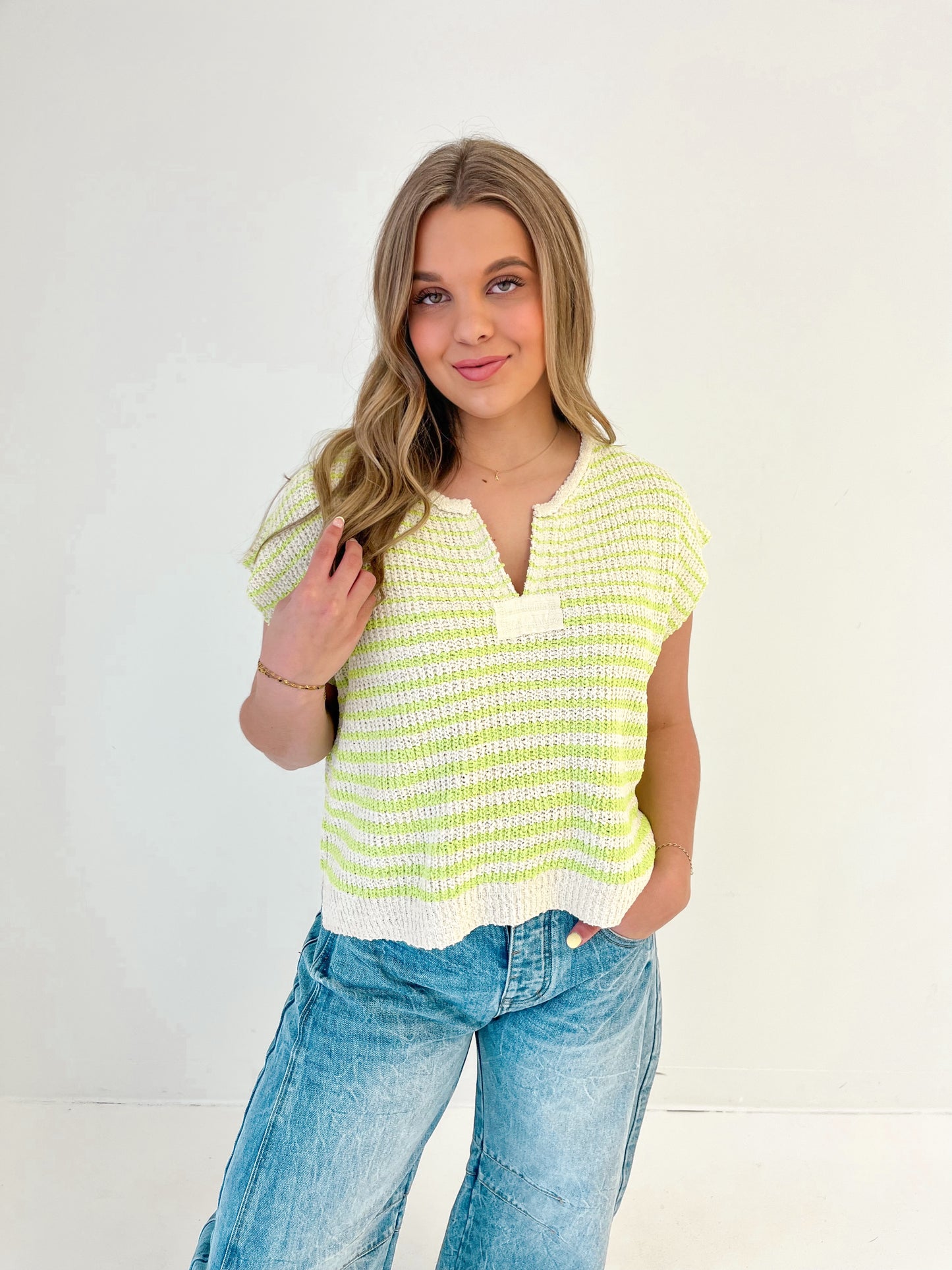 Covered In Lines Knit Top | Lime/Ecru