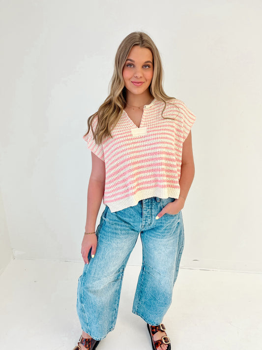 Covered In Lines Knit Top | Bubblegum/Ecru